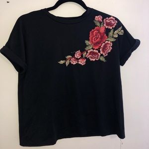 Black shirt with red flowered threaded